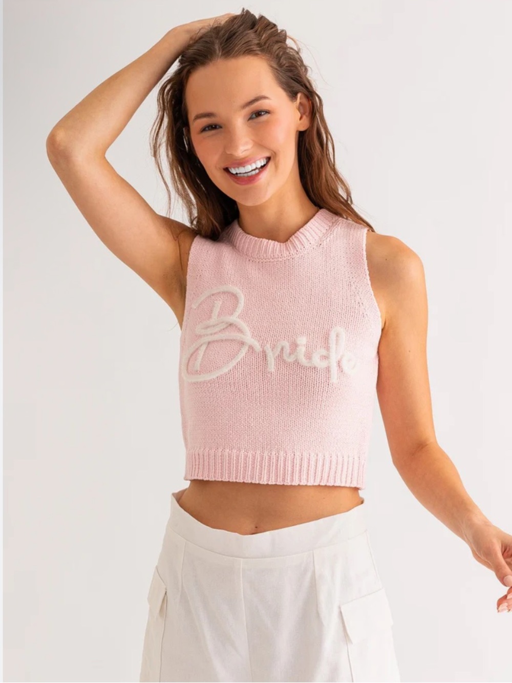 Sleeveless Pink 'Bride' Knit Crop Top